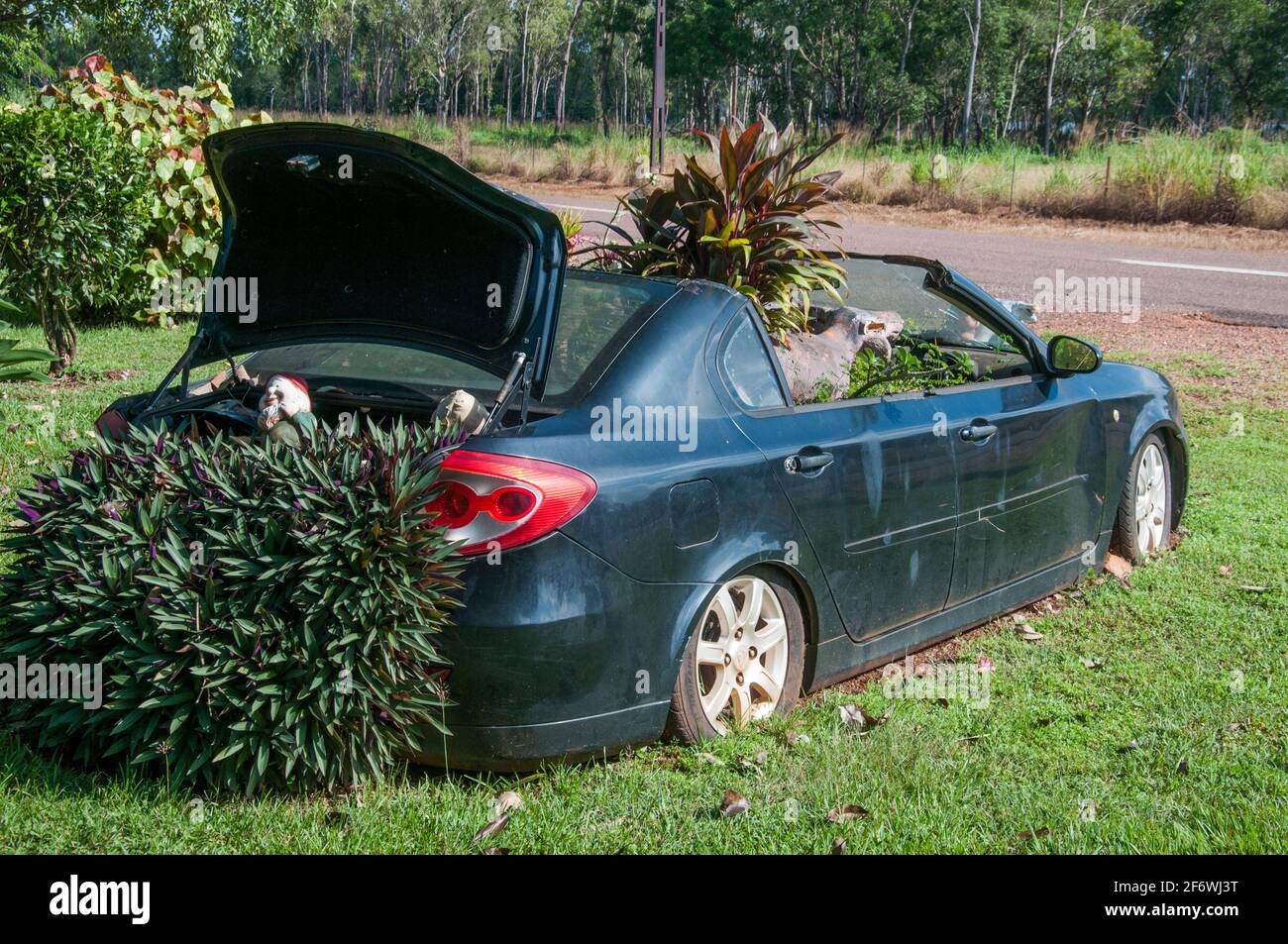 Improvisierte Skulptur im Banyan Tree Resort at Rum Jungle, auf dem Weg zum Litchfield National Park, im „Top End“ des Northern Territory Australiens Stockfoto