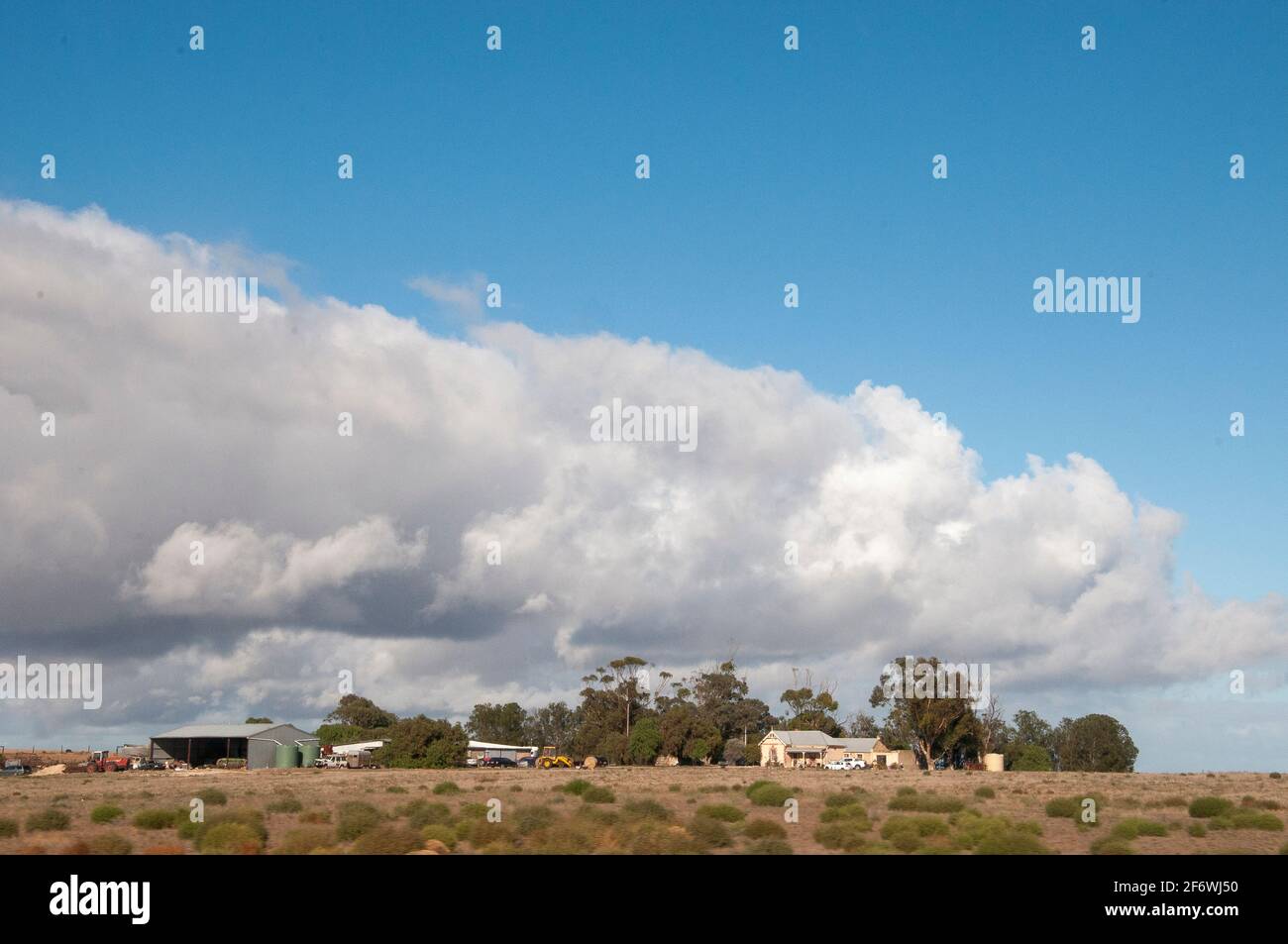 Isoliertes Bauernhaus im Südosten Südaustraliens, aus der Sicht des Overland-Zuges zwischen Adelaide und Melbourne Stockfoto