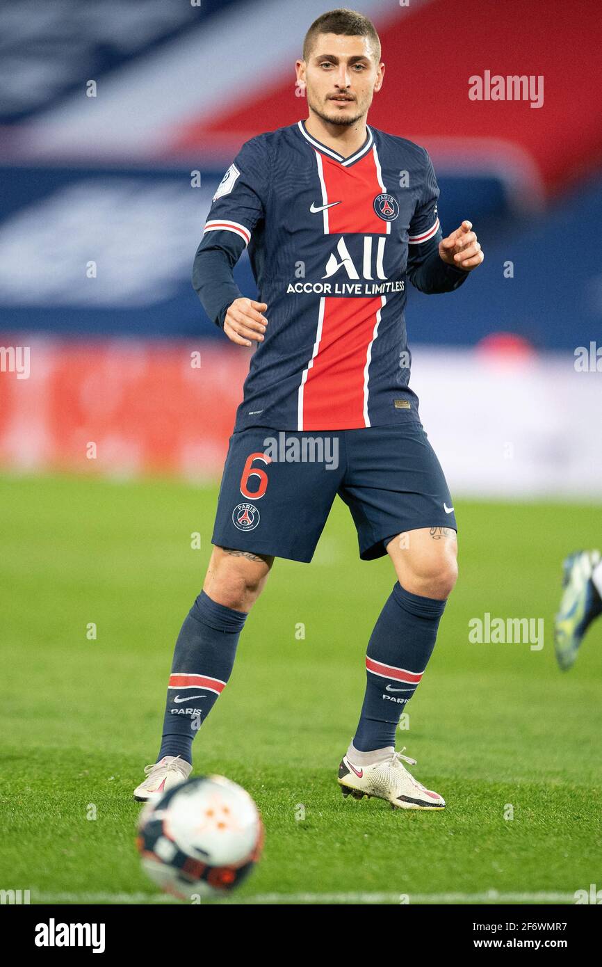 Datei-Foto vom 21. Februar 2021 von Marco Verratti von PSG in Aktion während des Ligue 1-Spiels zwischen Paris Saint Germain und AS Monaco im Parc des Princes in Paris, Frankreich. Verratti hat sich erneut positiv für Covid-19 getestet und wird die 1. Etappe des UEFA Champions League-Viertelfinalspiel zwischen Bayern München und Paris Saint-Germain verpassen. Der italienische Mittelfeldspieler hatte im Januar dieses Jahres positiv auf das Virus getestet und sich erneut an dem Virus erkrankt. Er spielte zwei der drei WM-Qualifikationsspiele für Italien, in denen sie Nordirland und Bulgarien schlugen. Foto von Stockfoto