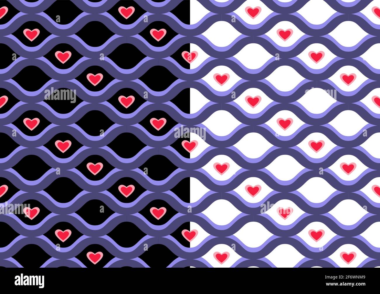 Geometrisches Gitter nahtloses Muster, blaue Meereswellen Linien, rote Herzformen. Der schwarze, weiße Hintergrund lässt sich leicht ändern Stock Vektor