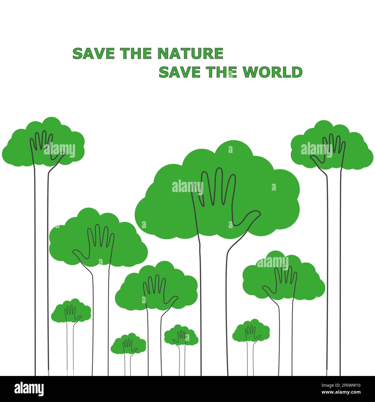 Ausgestreckte Arme, wie Bäume erhoben. Denken Sie grün. Ökologisches Konzept. Schützen Sie die Natur, retten Sie die Flagge der Welt. Flacher Style. Vektorgrafik Stock Vektor
