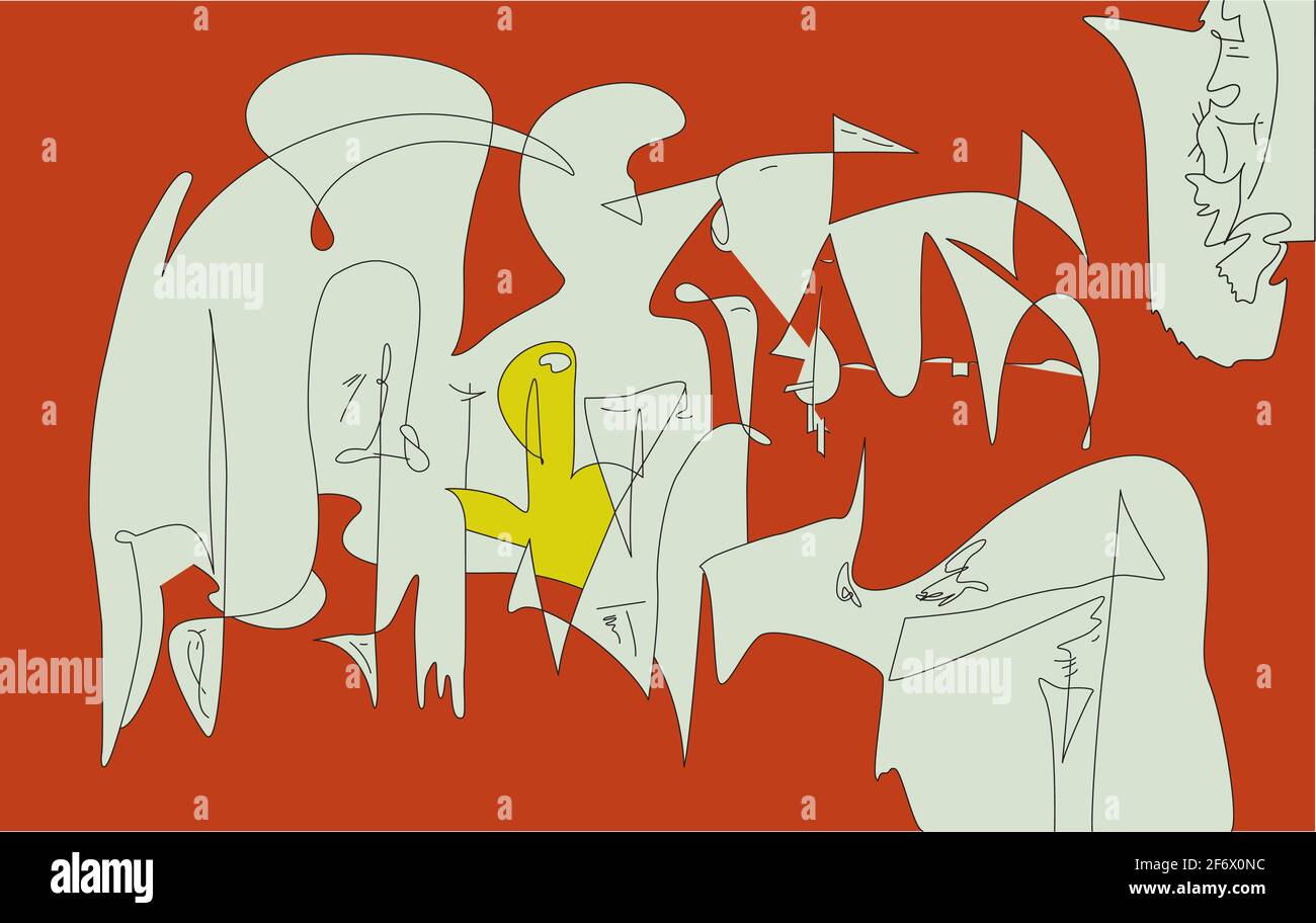 Vektor bunte Linie Kunst. Geometrische Illusion von unwirklichen Lebewesen am Himmel. Abstrakte moderne kubistische Cartoon Hintergrund Kunst der entgegengesetzten Farben. Stock Vektor