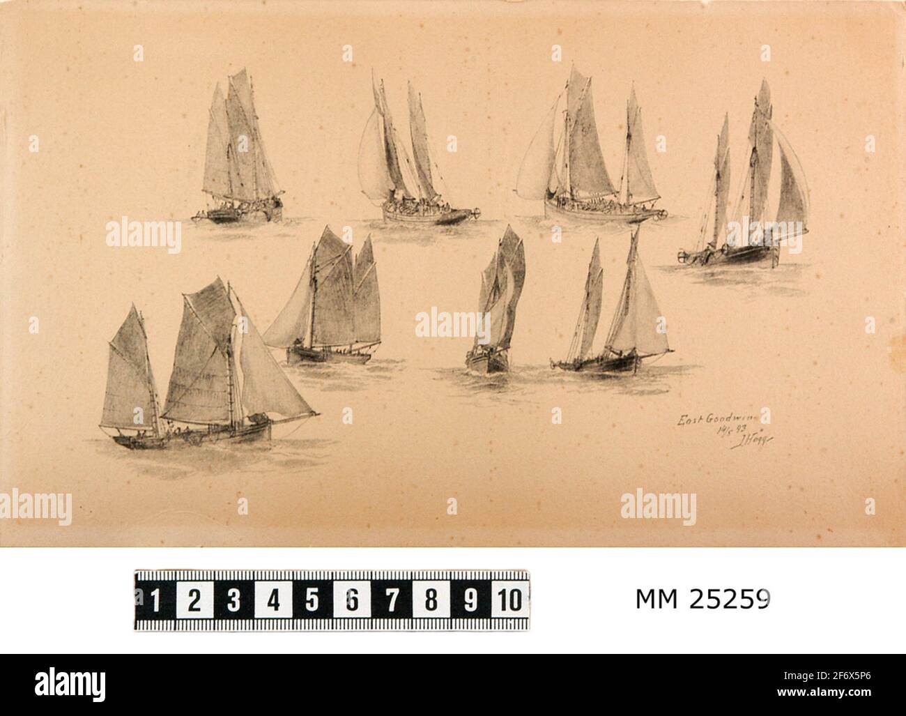 Bleistiftzeichnung.Zeichnung auf vergilbtem Papier, das ein kleineres Zweimast-Boot aus acht verschiedenen Winkeln zeigt.Text in der unteren rechten Ecke des Motivs: 'East Goodwin 14/5 93 J Hägg'.Text auf der Rückseite: Französischer Holler in acht verschiedenen Modi geschmückt.Federzeichnung in Bleistift 1893. ANT.of m: Ll '. 1893 - 1893 (1893 (hergestellt)) Stockfoto