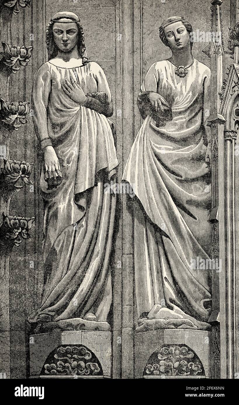 Die törichten Jungfrauen des Evangeliums. Skulptur aus dem 12th. Jahrhundert im Straßburger Münster, Straßburg. Elsass, Frankreich. Alte 19th Jahrhundert gravierte Illustration von Jesus Christus von Veuillot 1890 Stockfoto