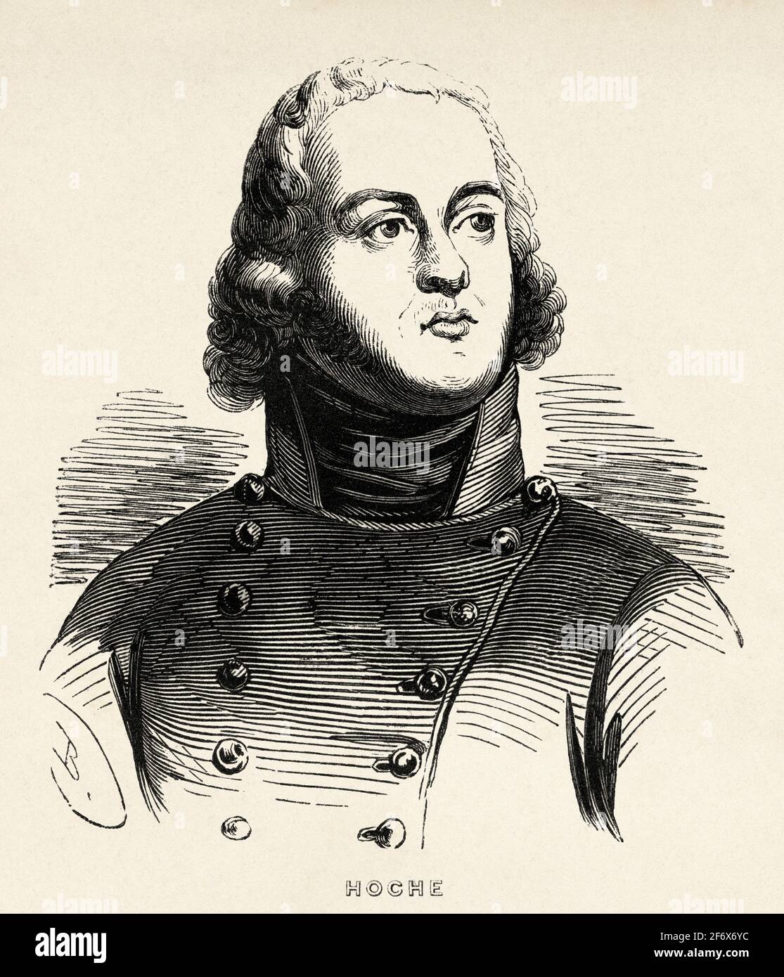 Porträt von Louis Lazare Hoche (1768 - 1797) Französischer General der revolutionären Armee. Frankreich, Französische Revolution 18. Jahrhundert. Alte gravierte Illustration aus Histoire de la Revolution Francaise 1845 Stockfoto