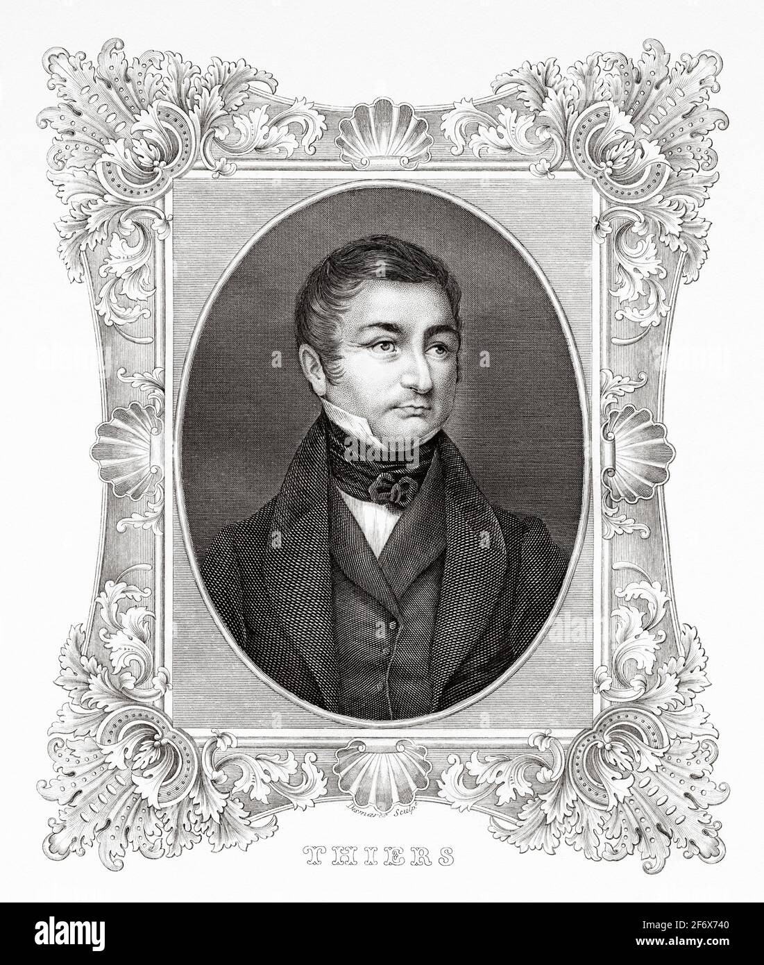 Porträt von Marie Joseph Louis Adolphe Thiers (Marseille 1797 - Saint-Germain-en-Laye 1877) Französischer Historiker und Politiker. Premierminister unter der Herrschaft von Louis-Philippe von Frankreich. Provisorischer Präsident der Dritten Französischen Republik, der 1871 die Unterdrückung der Pariser Kommune anordnete. Frankreich, Französische Revolution 18. Jahrhundert. Alte gravierte Illustration aus Histoire de la Revolution Francaise 1845 Stockfoto