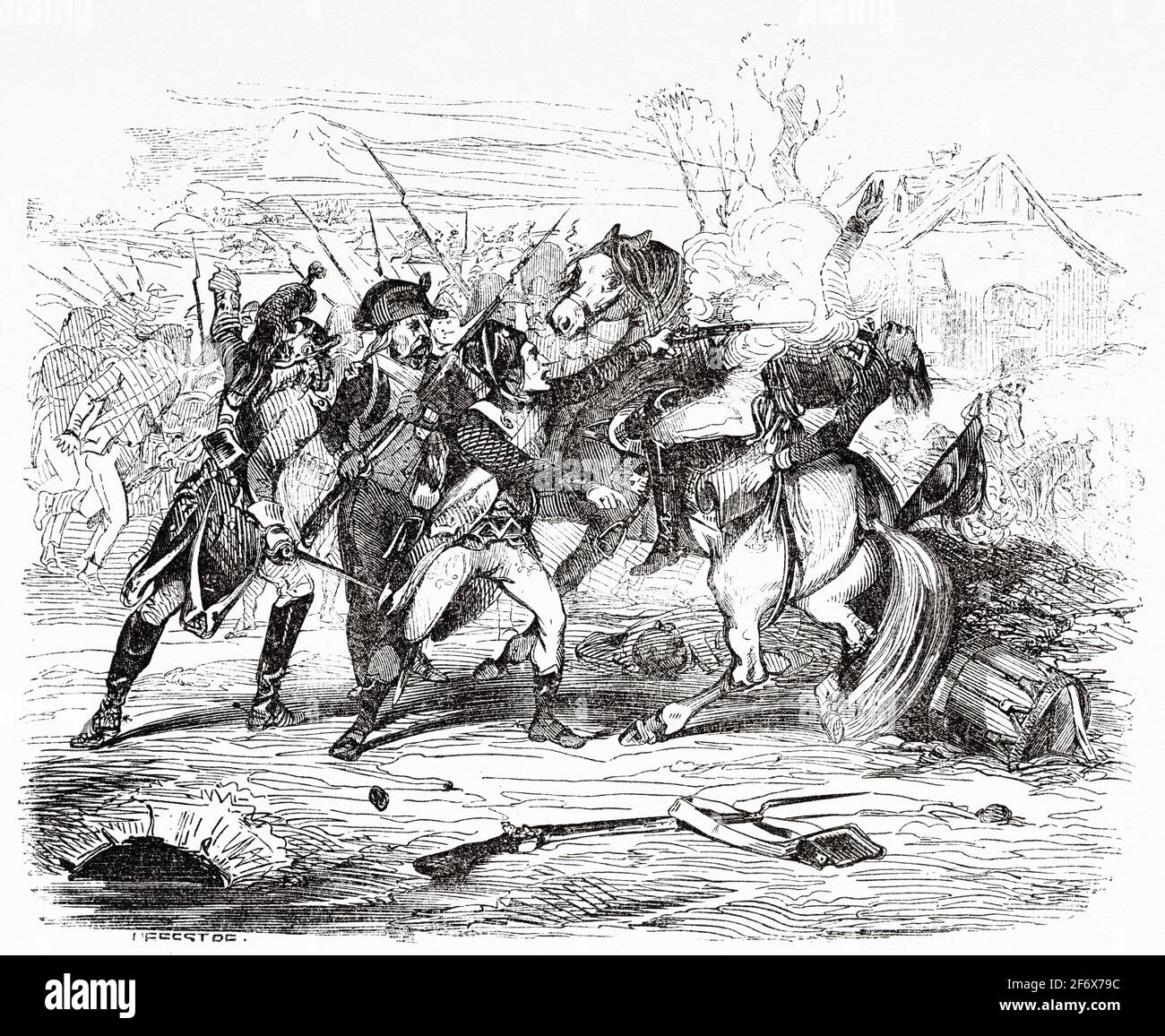 Tod von General Arthur Dillon (1750-1794) in der Stadt Lille am 29. April 1792. Aristokrat, der in der französischen Armee diente, Frankreich, Französische Revolution 18. Jahrhundert. Alte gravierte Illustration aus Histoire de la Revolution Francaise 1845 Stockfoto