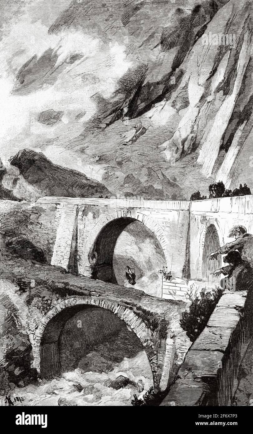 Der St. Gothard Pass an der Devil's Bridge. Tessin, Schweiz, Europa. Alte Illustration aus dem 19. Jahrhundert von El Mundo Ilustrado 1879 Stockfoto