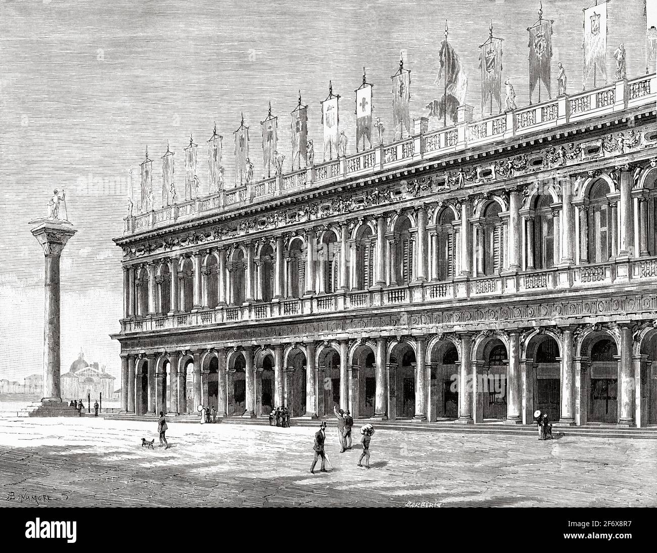 Marciana Bibliothek Piazza San Marco, Venedig, Italien. Europa. Alte Illustration aus dem 19. Jahrhundert von El Mundo Ilustrado 1879 Stockfoto