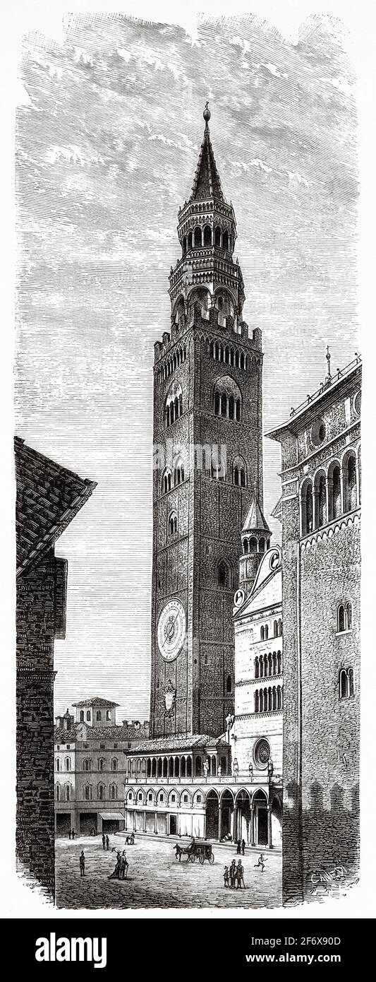 Der Torrazzo. Glockenturm der Kathedrale von Cremona, Piazza del Comune. Cremona, Lombardei, Italien. Europa. Alte Illustration aus dem 19. Jahrhundert von El Mundo Ilustrado 1879 Stockfoto