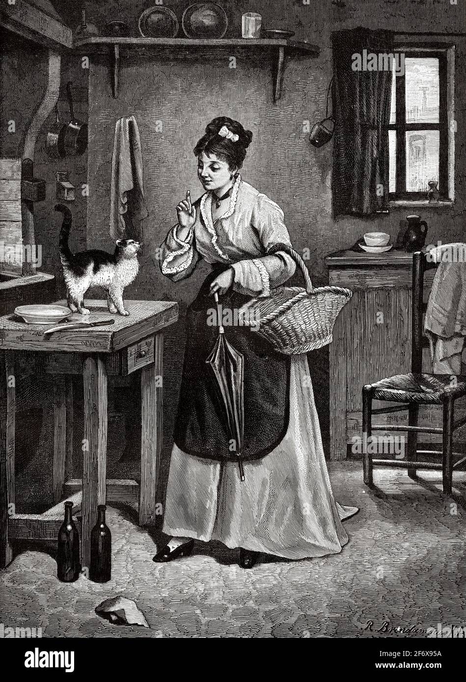 Traditionelle Szene in der Küche eines Hauses aus dem 19. Jahrhundert. Eine Frau schimpft eine Katze auf einem Tisch. Alte Illustration aus dem 19. Jahrhundert von El Mundo Ilustrado 1879 Stockfoto