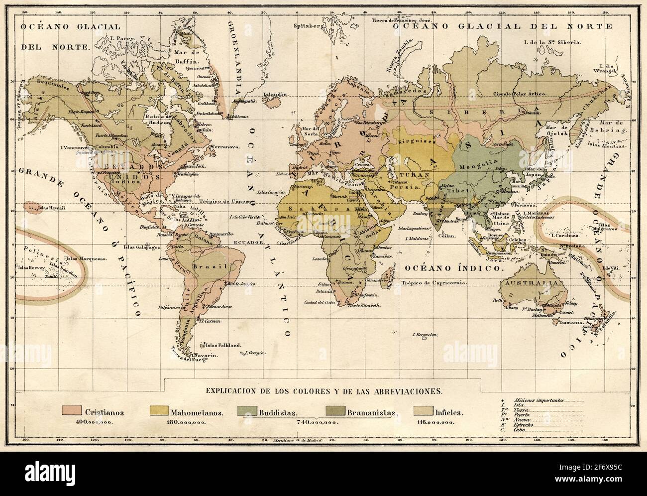 Alte Weltkarte aus dem 19. Jahrhundert mit Angaben zu den verschiedenen Religionen auf der Erde. Alte Illustration aus dem 19. Jahrhundert von El Mundo Ilustrado 1879 Stockfoto