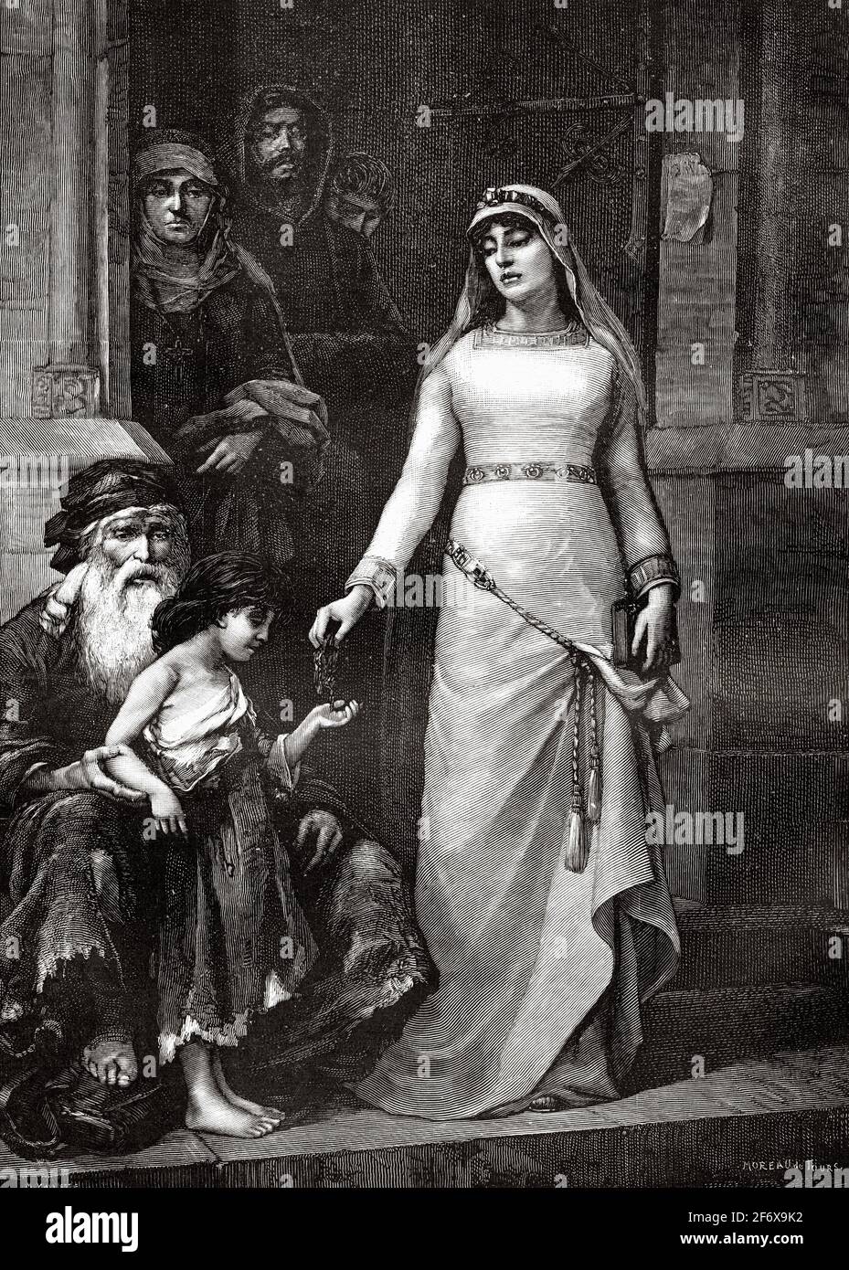 Die Königin von Frankreich Blanche von Kastilien gibt einem Mädchen am Ausgang einer Kirche von Georges Moreau de Tours (1848- 1901), dem französischen Geschichtsmaler und Illustrator, Almosen. Alte Illustration aus dem 19. Jahrhundert von El Mundo Ilustrado 1879 Stockfoto