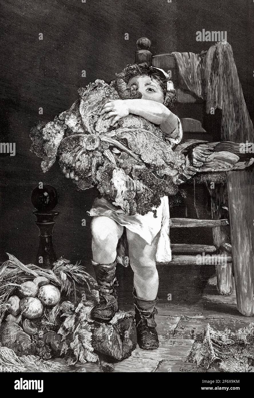 Das kleine Mädchen aus dem 19. Jahrhundert versucht, einen großen Kohl in ihrer Küche zu heben, um ihrer Mutter beim Kochen zu helfen. Alte Illustration aus dem 19. Jahrhundert von El Mundo Ilustrado 1879 Stockfoto