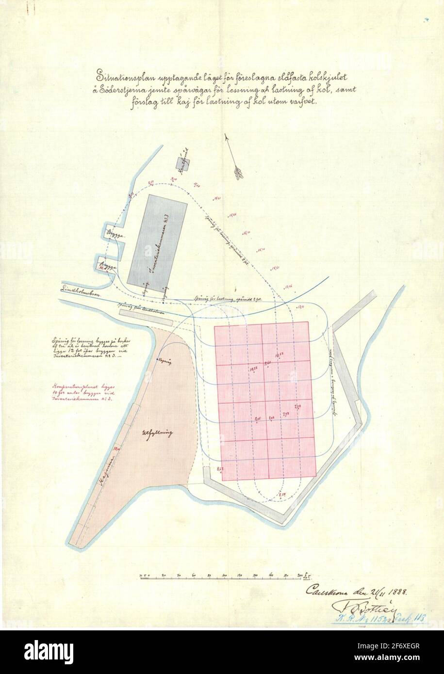 Map.Lageplan Zulassung der Zustand des geplanten feuerfesten Kohlenstoffabscheides Auf den Södervi und Straßenbahnen zum Be- und Entladen von Kohle und Vorschläge für den Kai zum Verladen von Kohle außer Die Werft.Übersichtskarte Stockfoto