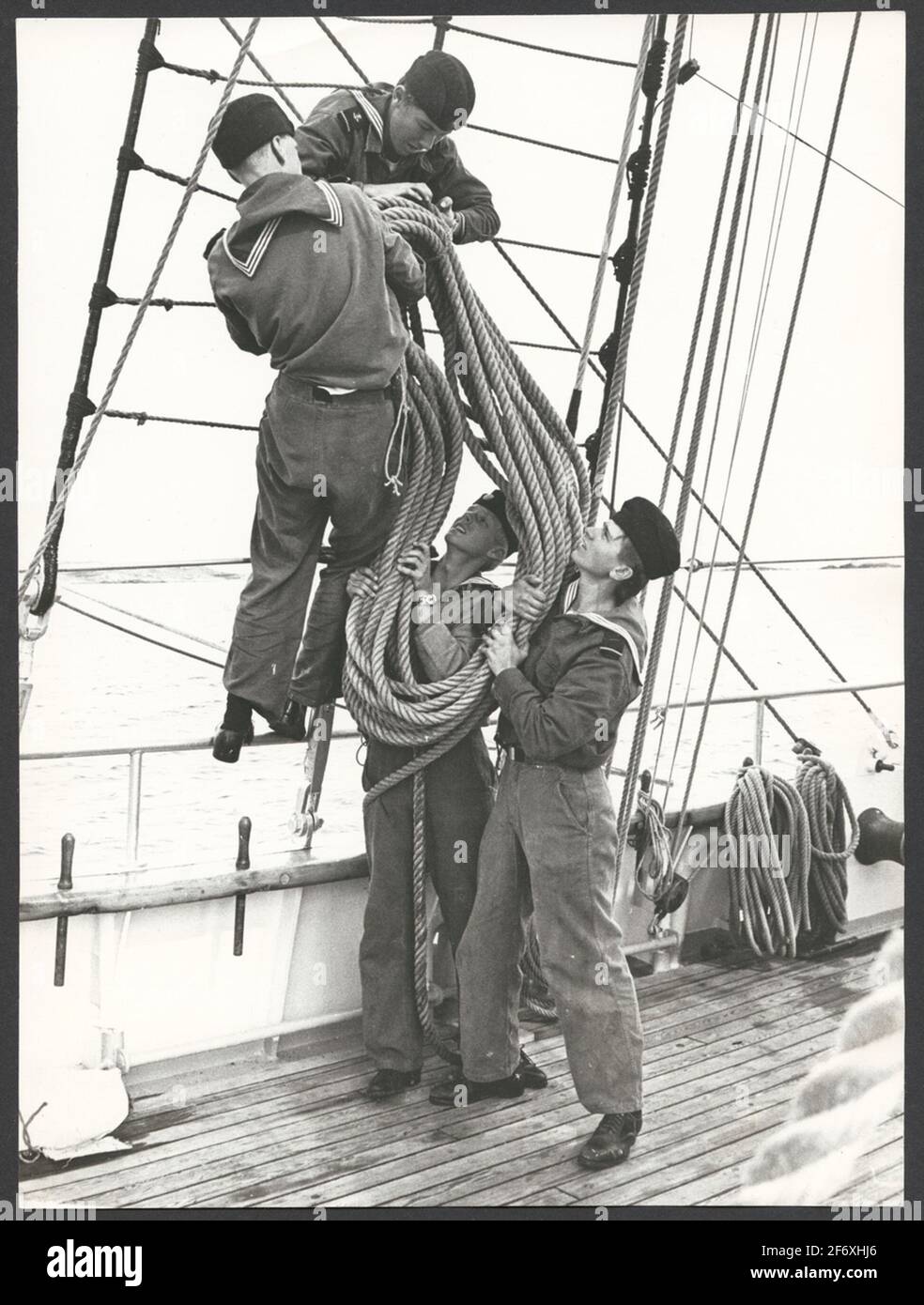 Das Bild zeigt vier Kadetten versuchen, ein Seil auf einem der Flotte Schulschiff froh oder Falken zu heben .. Das Bild zeigt vier Kadetten, die versuchen, ein Seil auf einem der Flottenschulschiffe Glad oder Falcon anzuheben. Stockfoto