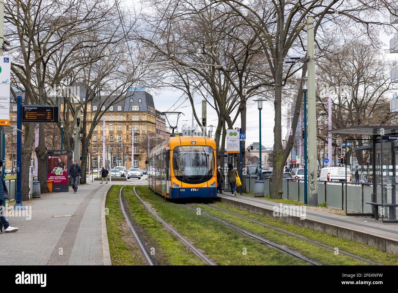 Straßenfahrzeuge sind ein wichtiger Bestandteil des öffentlichen Nahverkehrs in Mannheim. Stockfoto