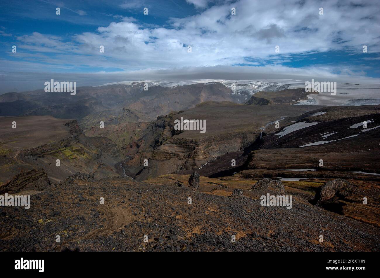 Dramatische Landschaft entlang des Landmanalaugar-Thorsmork-Wanderweges, Südisland, Island Stockfoto
