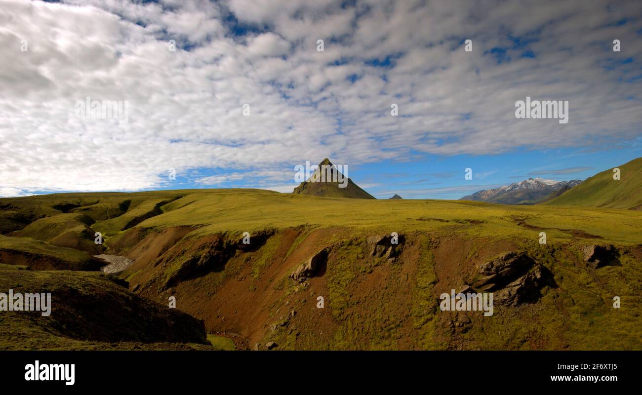Dramatische Landschaft entlang des Landmanalaugar-Thorsmork-Wanderweges, Südisland, Island Stockfoto