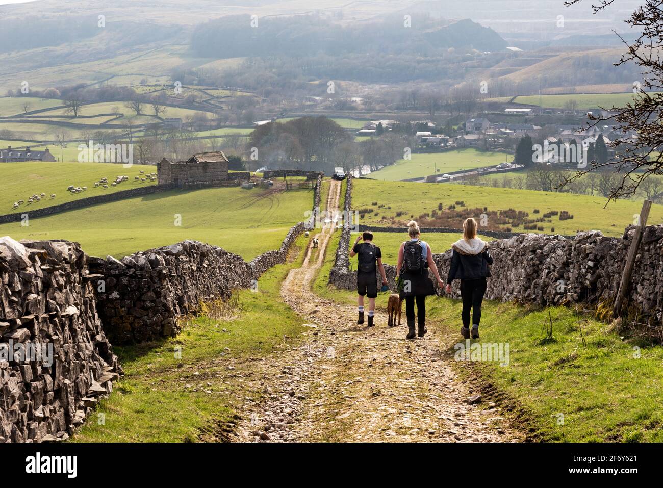 Wanderer über Horton-in-Ribblesdale, im Yorkshire Dales National Park, Großbritannien. Unten bewirtschaften die Bauern ihre Schafe oberhalb des Dorfes. Stockfoto