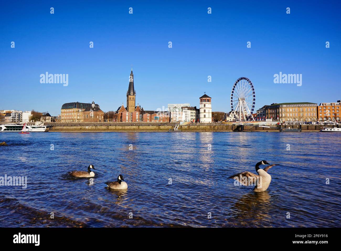 Panoramablick über den Rhein vom Düsseldorfer Stadtteil Oberkassel mit Lambertus-Kirche, historischem Burgturm und Riesenrad. Stockfoto