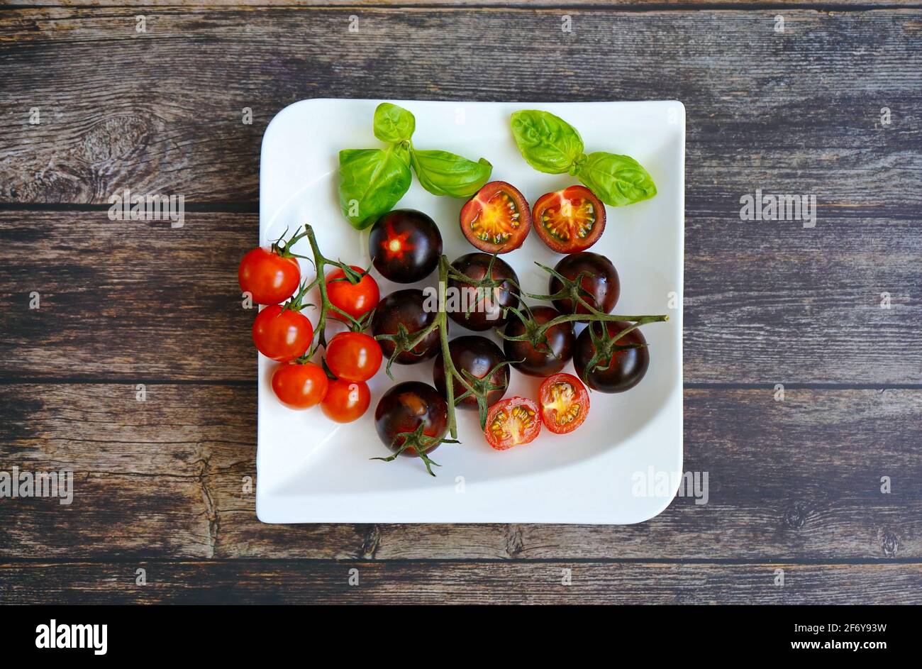 Schwarze und rote Tomaten mit Basilikum auf einem weißen Teller. Stockfoto