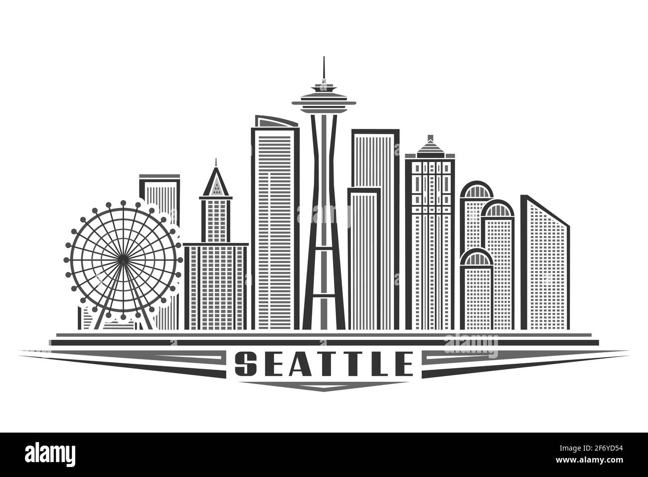 Vektordarstellung von Seattle, monochromes horizontales Poster mit Umriss-Design der seattle-Stadtlandschaft, urbanes Linienkunstkonzept mit einzigartigem dekorativem Design Stock Vektor