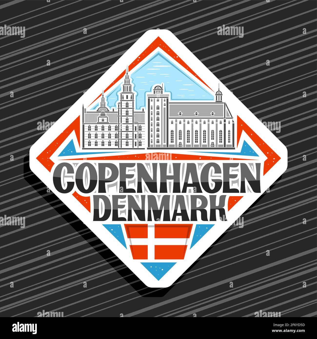 Vektor-Logo für Kopenhagen, weißes Rhombus-Straßenschild mit Darstellung der kopenhagener Stadtlandschaft auf Tageshimmel-Hintergrund, dekorativer Kühlschrankmagnet mit un Stock Vektor