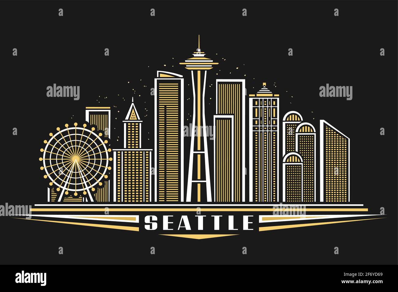 Vektor-Illustration von Seattle, horizontales Poster mit Umriss-Design beleuchtete seattle Stadtlandschaft, american Urban Line Art-Konzept mit dekorativen Stock Vektor