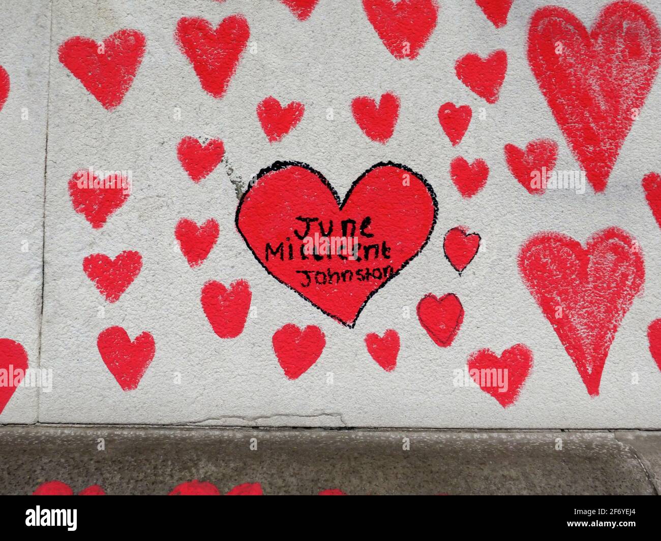 150000 Herzen, die in London gemalt wurden, um die an Covid 19 verlorenen Leben in ganz Großbritannien darzustellen. Jedes Herz repräsentiert jemanden, der geliebt wurde und zu früh an Covid verloren ging - 19 . Matt Fowler , Mitbegründer sagte, als sie begannen, die Herzen zu malen.Labour-Führer Keir Starmer kam und zeigte Unterstützung. Hoffentlich wird der rat die Herzen versiegeln, sobald sie fertig sind, damit er zu einem dauerhaften Denkmal für diejenigen werden kann, die dort ihr Leben verloren haben, und hoffentlich kann eine öffentliche Untersuchung stattfinden, um die Fehler der Tory-Regierung zu untersuchen, um schnell Lehren zu ziehen und weiteren Verlust zu verhindern Des Lebens ... Stockfoto