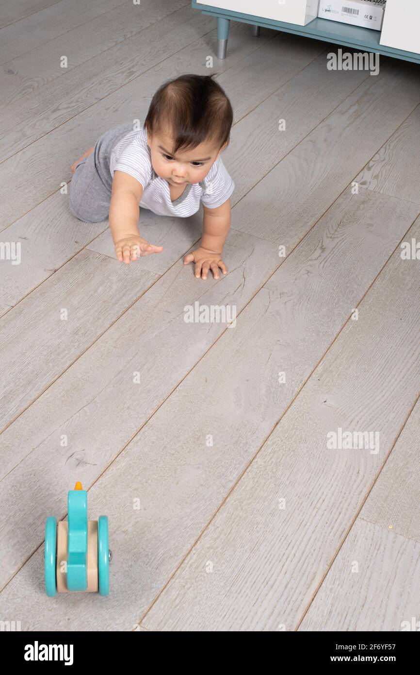 8 Monate alter Junge kriecht auf Spielzeug zu Stockfoto