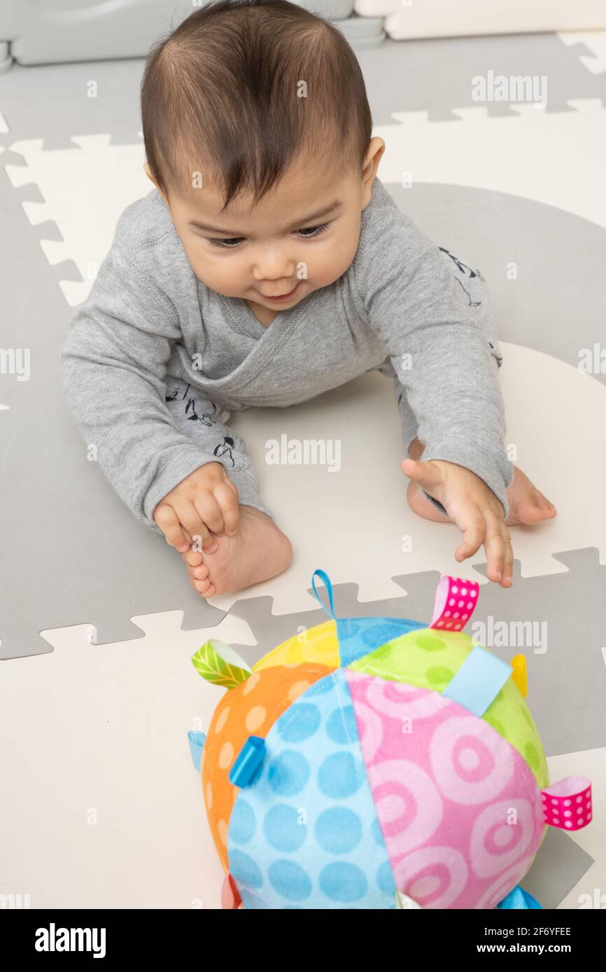 Sechs Monate alter Baby Junge sitzt und sich nach vorne zu interessanten neuen Spielzeug, bunten weichen Stoffball Stockfoto