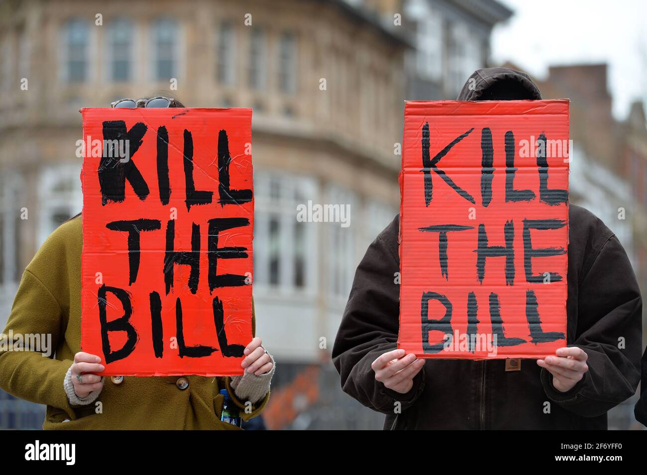 Leicester, Leicestershire, Großbritannien, 3. April 2021. UK News. A Kill the Bill Protest findet im Stadtzentrum von Leicester statt und stellt sich gegen ein geplantes Polizeigesetz, das Polizeibeamten die Befugnis geben würde, Bedingungen für gewaltfreie Proteste aufzuerlegen. Alex Hannam/Alamy Live News Stockfoto