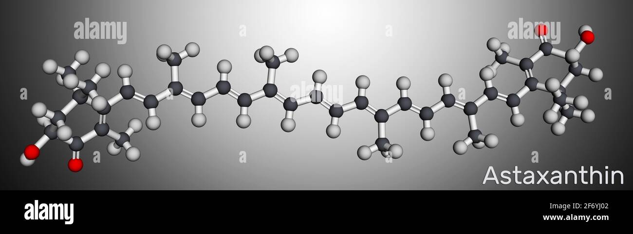 Astaxanthin ist ein Keto-Carotinoid. Es gehört zur Klasse der chemischen Terpene. Molekularmodell. 3D-Rendering. 3D-Illustration Stockfoto