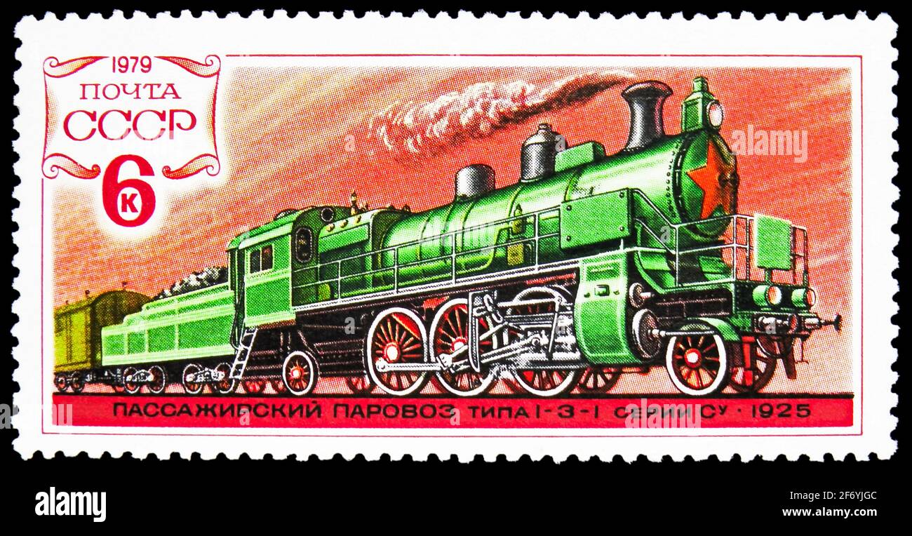 MOSKAU, RUSSLAND - 11. JANUAR 2021: Die in der UdSSR (Russland) gedruckte Briefmarke zeigt 1-3-1 Lokomotive, Serie Su, 1925, Railways Serie, um 1979 Stockfoto