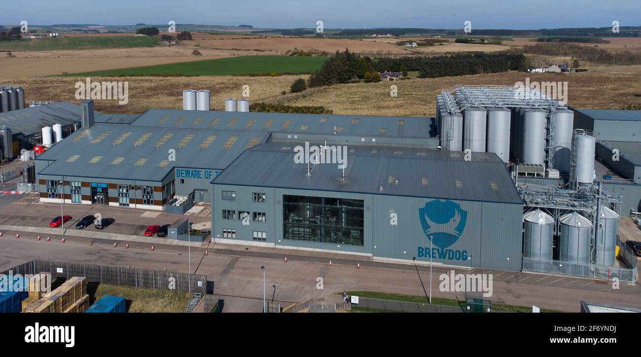 Luftaufnahme der Brauerei und des globalen Hauptsitzes von Brewdog in der Stadt Ellon in Aberdeenshire, Schottland Stockfoto