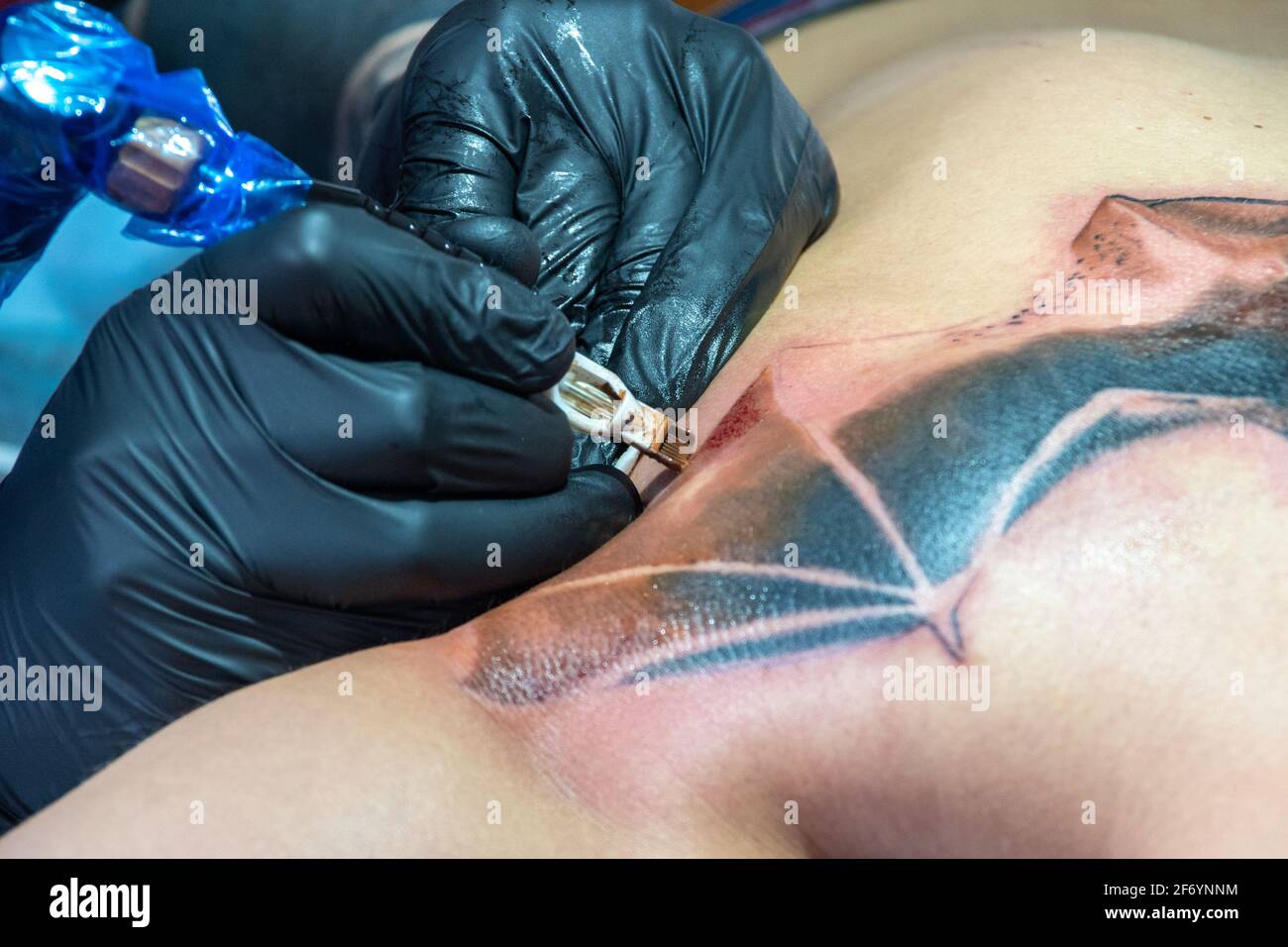 Hände eines Tätowierers in blauen Styryl-Handschuhen, die ein Werkzeug halten und ein Fledermaus-Flügel-Tattoo mit Tinte aus der Nähe zeichnen. Stockfoto