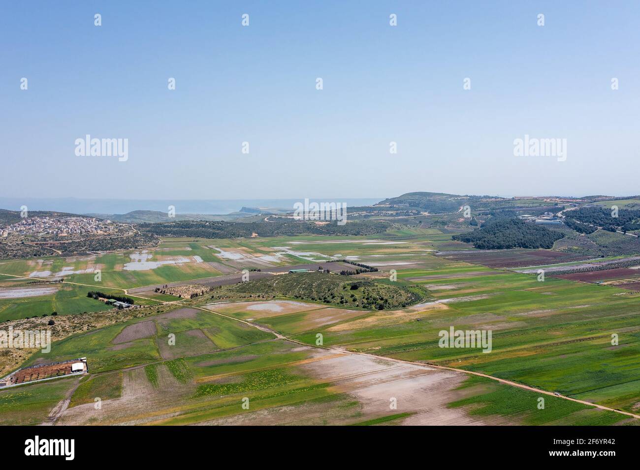 Beit Netofa Tal mit überfluteten landwirtschaftlichen Feldern in Israel unteren Galilee, Luftansicht. Stockfoto