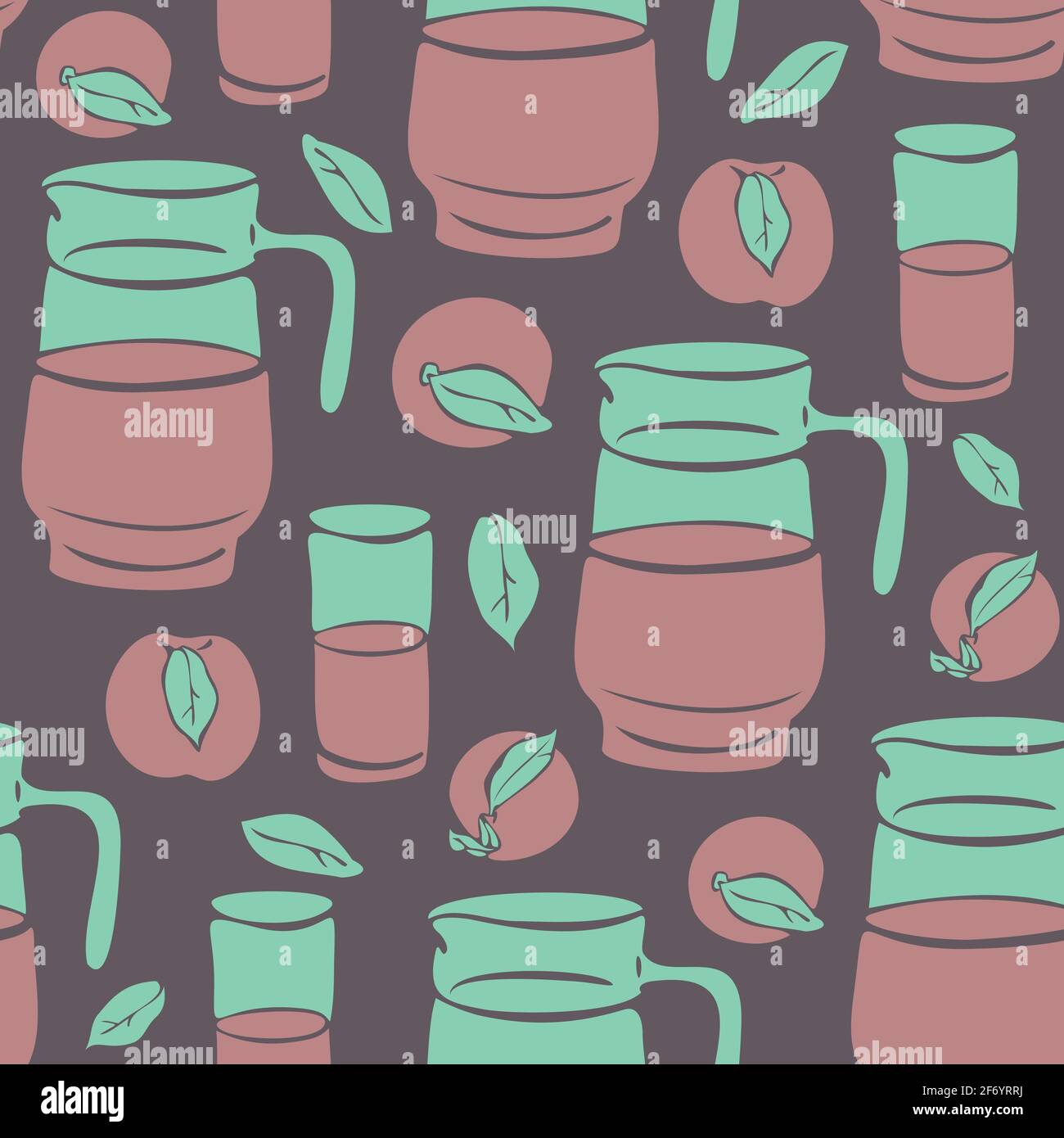 Vektor nahtloses Muster mit Krug und Früchten. Kanne mit Saft und Pfirsichen. Stock Vektor