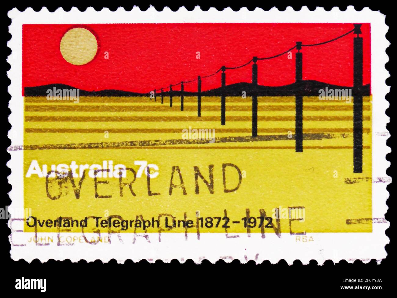 MOSKAU, RUSSLAND - 18. JANUAR 2021: Die in Australien gedruckte Briefmarke zeigt den 100. Jahrestag der Overland Telegraph Line, um 1972 Stockfoto