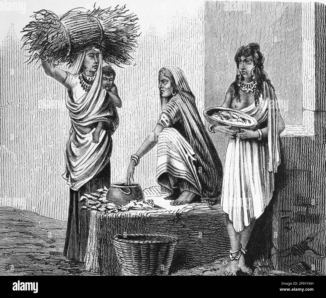 Drei Frauen verschiedener Kastensitzungen in Madras, Indien, Holzstich, Wien. Leipzig 1881 Stockfoto