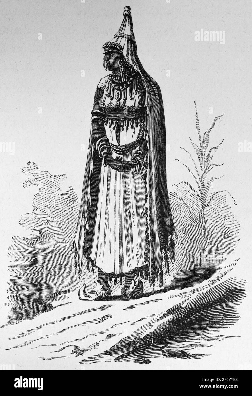 Banjara Frau aus dem nordindischen Bundesstaat Rajasthan in traditioneller Kleidung, Holzstich, Wien. Leipzig 1881 Stockfoto