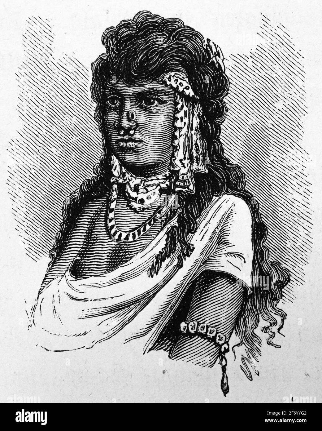 Reiche tamilische Frau aus Madras, heute Chennai, Hauptstadt des Staates Tamil Nadu, historische Illustration, Leben der Frauen in Indien, Wien. Leipzig 1881 Stockfoto