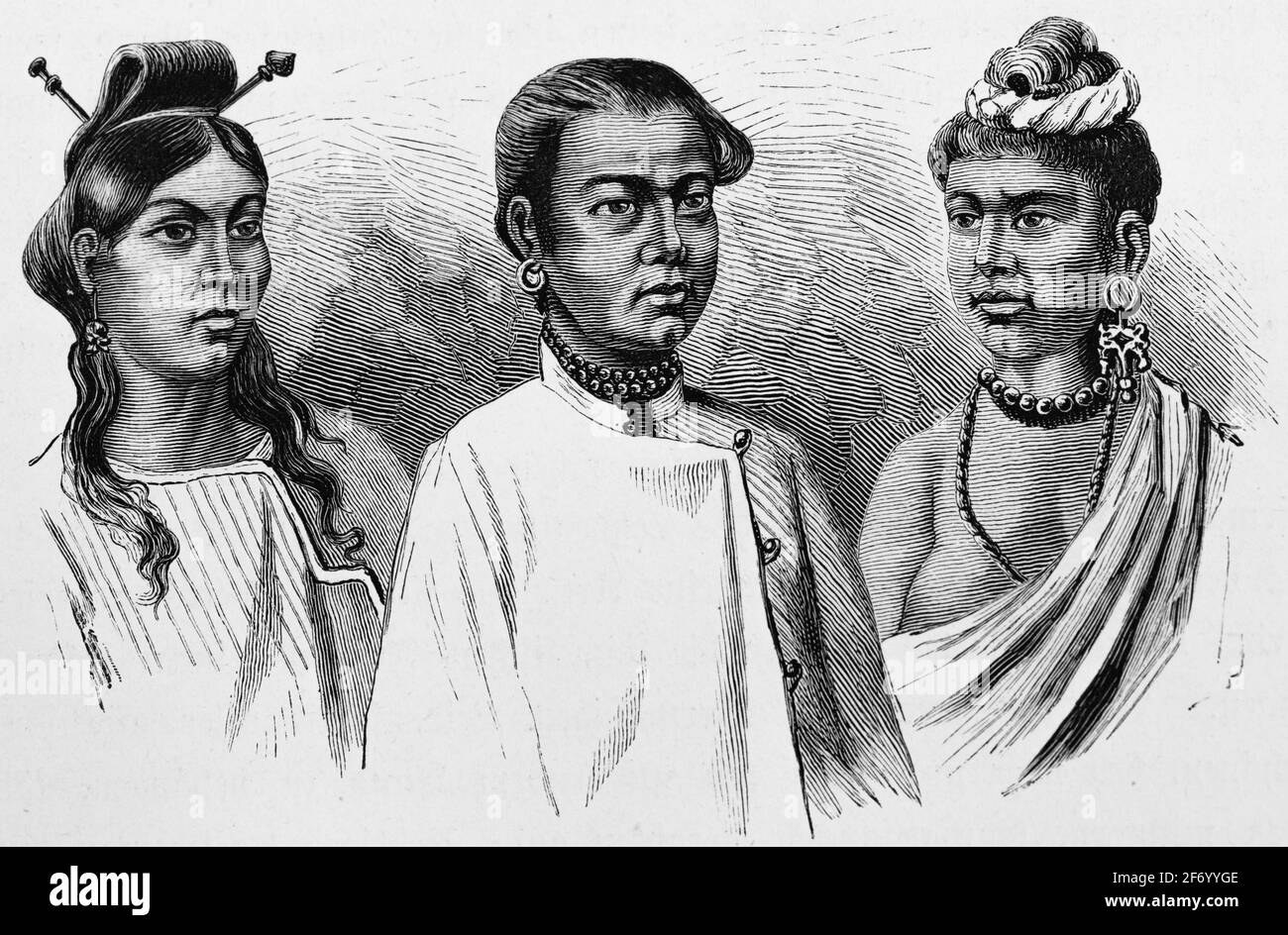 Frauen im Fernen Osten mit ihrem typischen Haarschnitt, links kambodschanisch, mittelvietnamesisch, rechts laotisch, historische Illustration von 1881 Stockfoto
