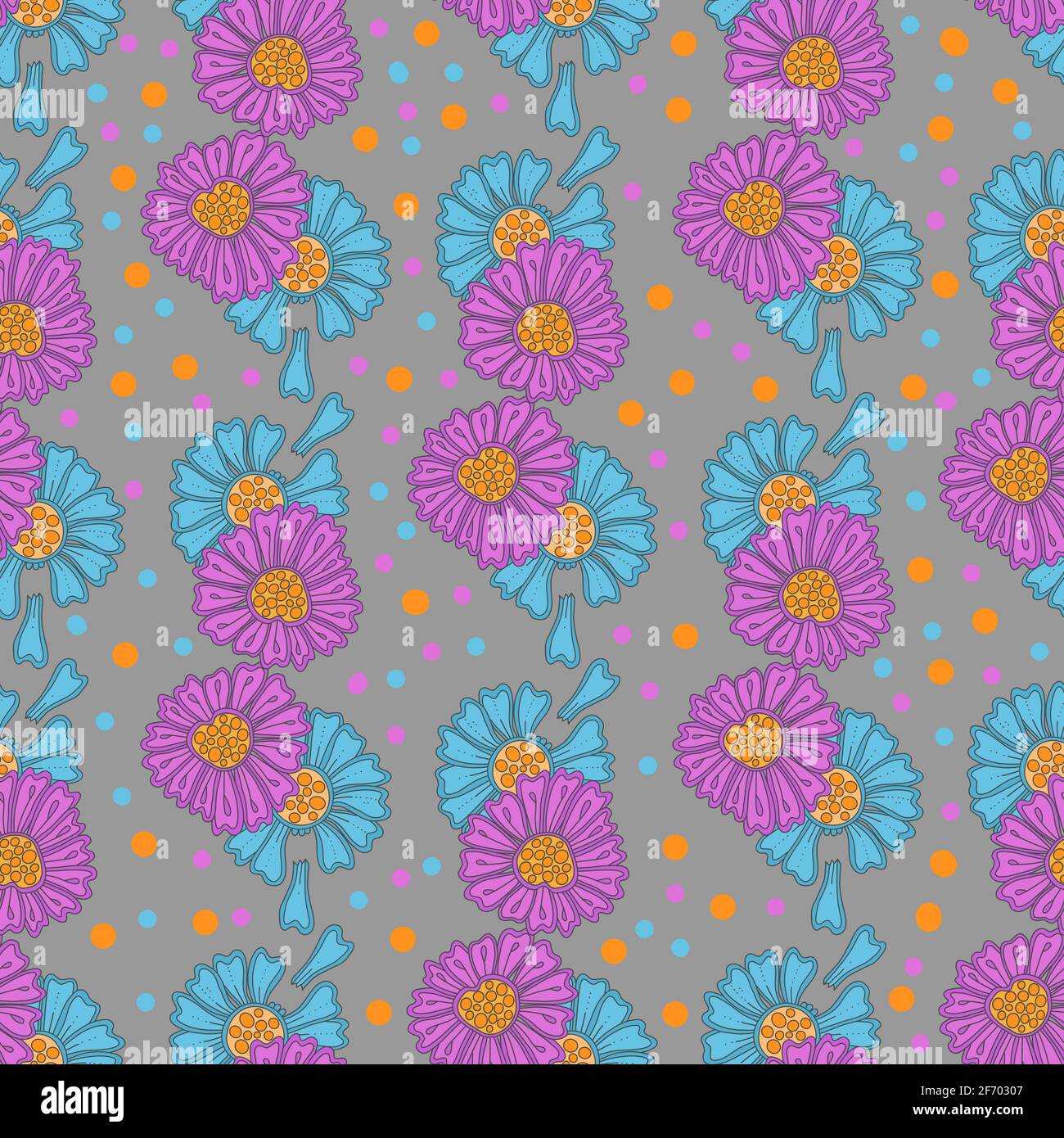 Nahtloses Muster mit hellen Doodle-Blüten auf grauem Hintergrund. Vektor flache Cartoon-Illustration Stock Vektor