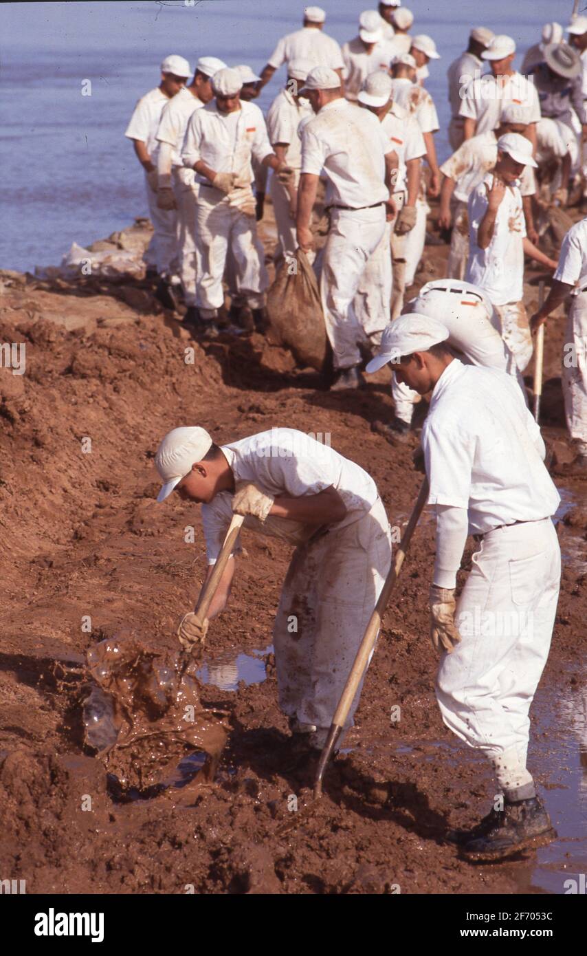 Fort Bend County Texas USA, um 1994: Insassen der Ramsey II Unit des Texas Department of Corrections arbeiten daran, Überschwemmungen entlang des Brazos River in der Nähe ihres Gefängnisses südwestlich von Houston einzudämmen. ©Bob Daemmrich Stockfoto