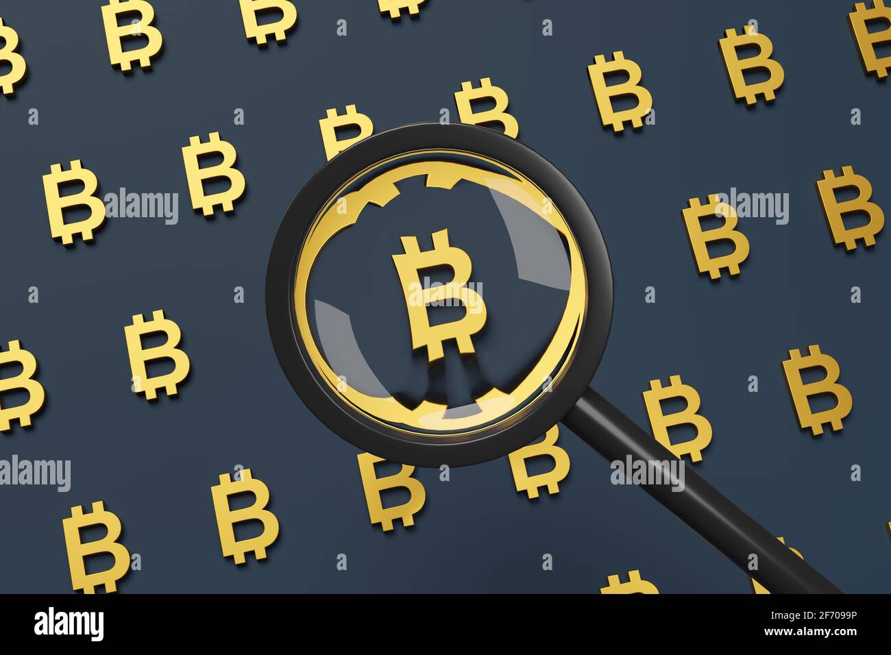 Bitcoin-Zeichen durch eine Lupe gesehen. 3d-Illustration. Stockfoto