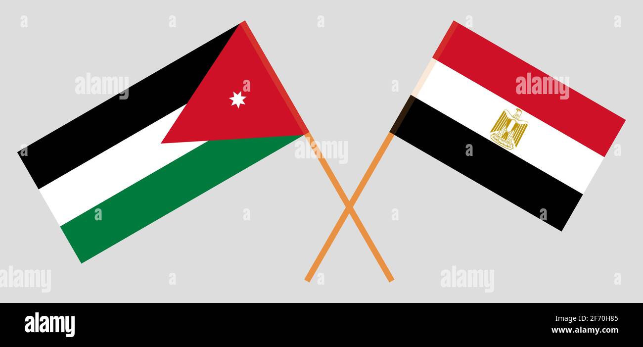 Gekreuzte Flaggen von Ägypten und Jordanien. Offizielle Farben. Korrektes Verhältnis. Vektorgrafik Stock Vektor