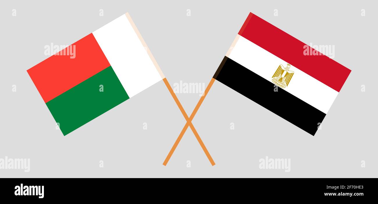 Gekreuzte Flaggen von Ägypten und Madagaskar. Offizielle Farben. Korrektes Verhältnis. Vektorgrafik Stock Vektor