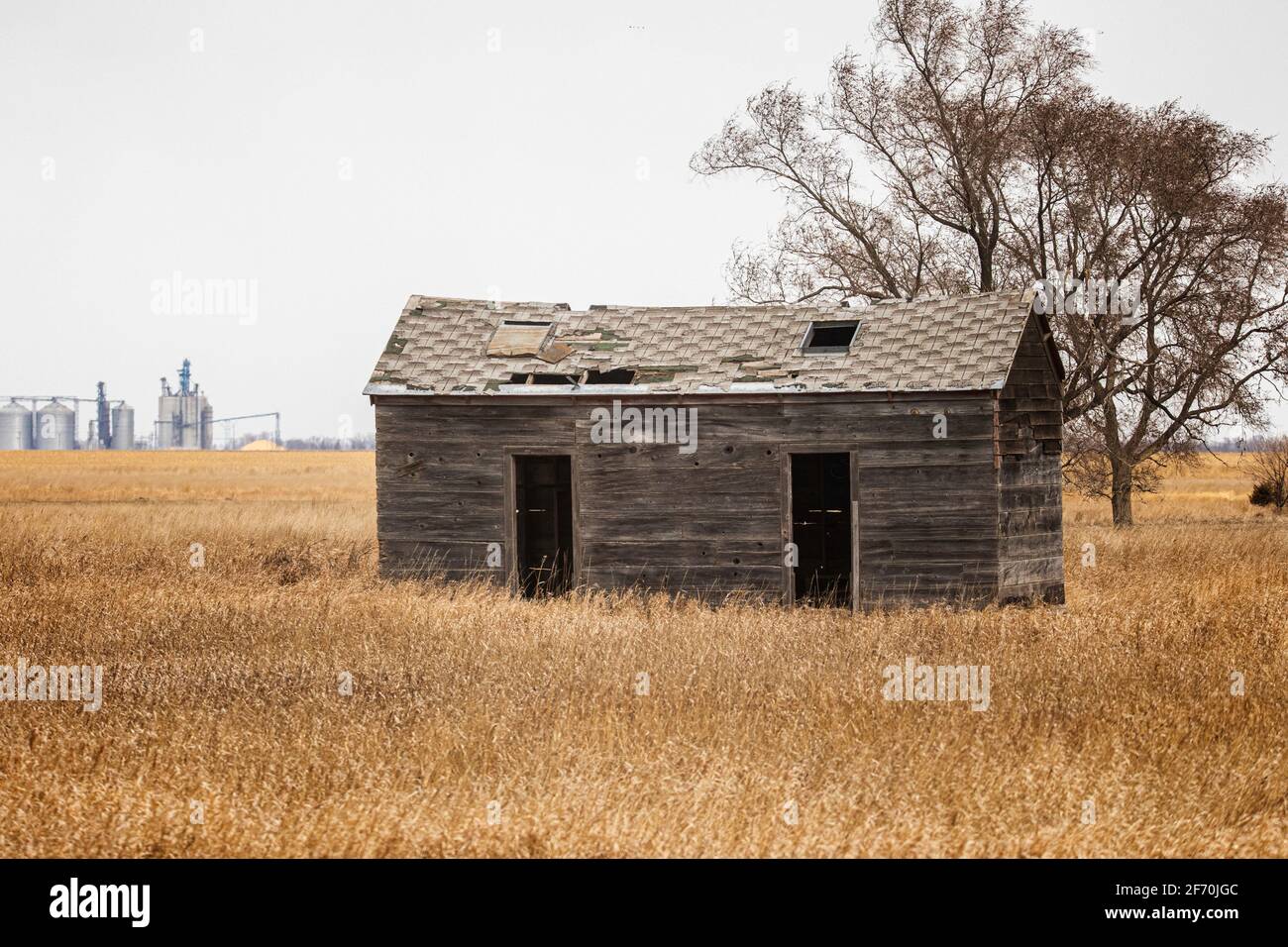 Ein schwer beschädigter Schuppen auf einem verlassenen kleinen Bauernhof bildet einen ironischen Hintergrund für die massive neue Körnerei im Hintergrund. South Dakota Prärien. Stockfoto